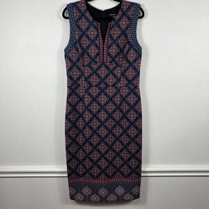 Maggy London Sleeveless Midi Dress Women's‎ 14 Damask Geometric Split Round Neck